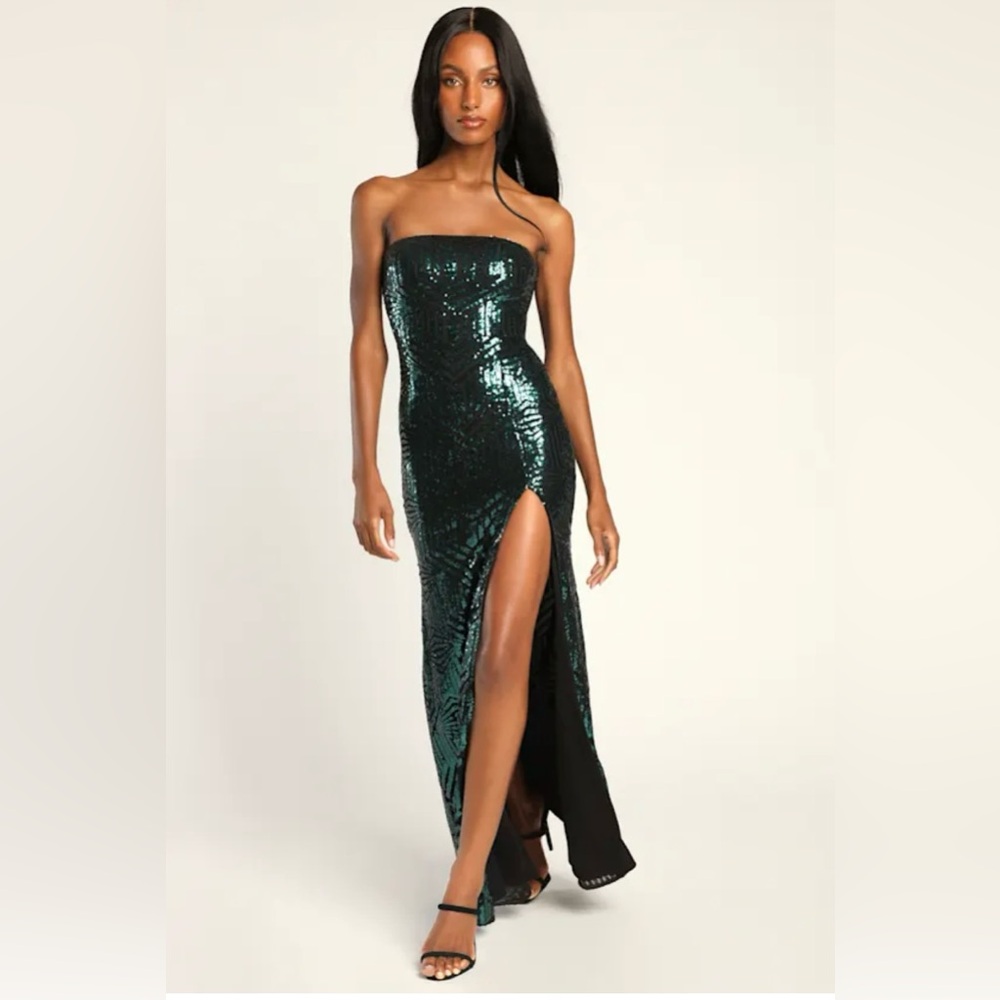 NWT‎ Lulus Dazzling Magic Teal Black Sequin Strapless Maxi Mermaid Dress Medium